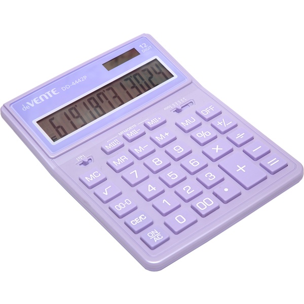 Калькулятор базовый deVENTE DD-4442P, 12-разряд., 2 яч. памяти, дв. питание, 00, →, MU, сиреневый