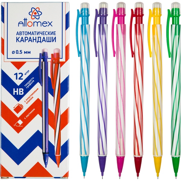 Карандаш механический, 0.5 мм, HB, нажимной м-м, пласт. корп., ластик, Attomex_6 дизайнов 