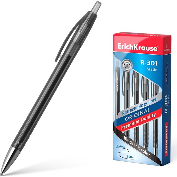 Ручка гелевая автомат., черная, Ø 0.5 мм, лин. 0.4 мм, ДП 500 м, рифл. упор, ErichKrause R-301 Original Gel Matic