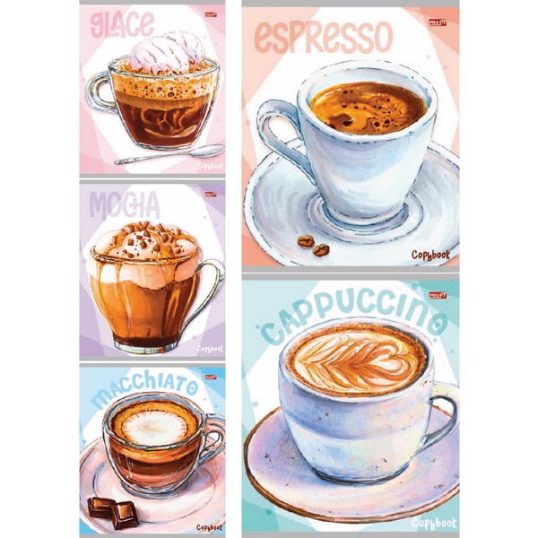 Тетрадь А5, клетка, 48 л., на скобе, 60 г/м², мел. бумага, Profit Чашечка кофе_5 дизайнов