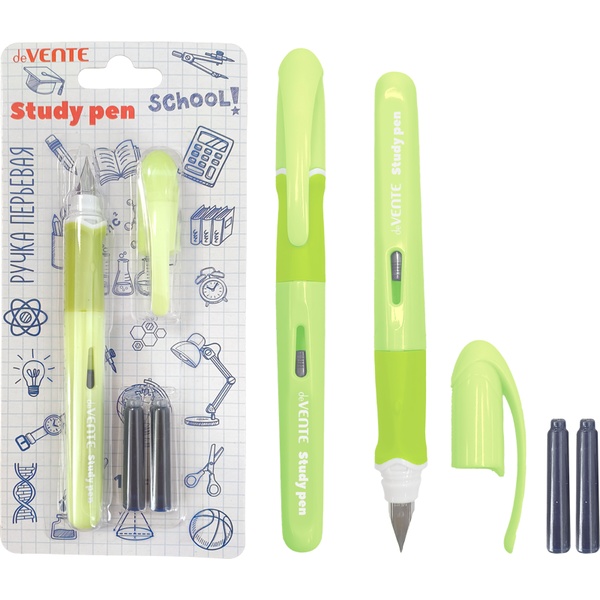 Ручка перьевая F (Fine), 3 картриджа по 0.8 мл, син. чернила, эрг. грип, deVENTE Stydy Pen_салатовая АКЦИЯ!!!