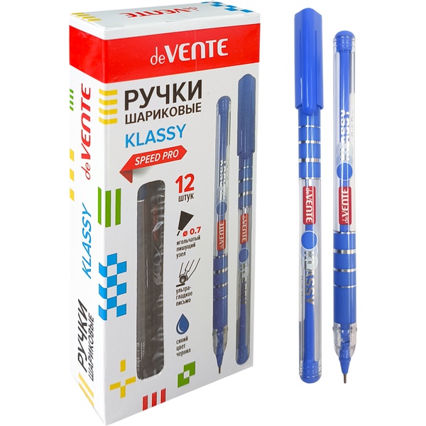 Ручка шариковая, синяя, Ø 0.7 мм "игла", круг, прозр. корп., speed pro, одноразовая, deVENTE Klassy