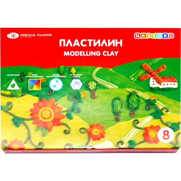 Пластилин классический ЦВЕТИК: 8 цветов, брусок 15 г, стек (к/к) Акция!