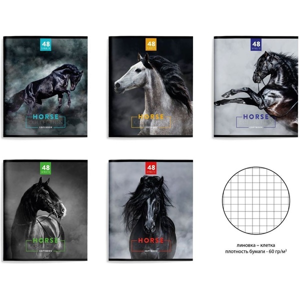 Тетрадь А5, клетка, 48 л., на скобе, 60 г/м², уф-лак, Schoolformat Грациозные лошади_5 дизайнов
