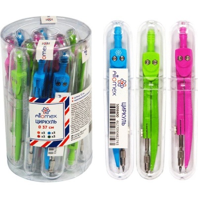 Циркуль металлический Attomex Color, 120 мм, цв. ножки, ассорти 3 цвета, в футляре (для школьников)