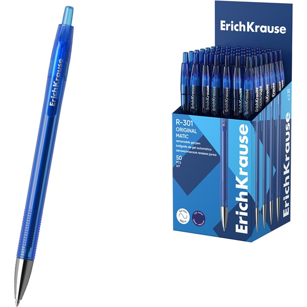 Ручка гелевая автомат., синяя, Ø 0.5 мм, лин. 0.4 мм, ДП 500 м, рифл. упор, ErichKrause R-301 Original Gel Matic