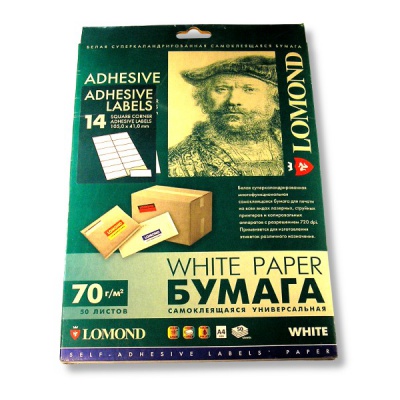 Бумага самоклеящаяся универсальная, А4, 14 шт. (105*41 мм), 70 г/м², 50 л., матовая, белая, LOMOND