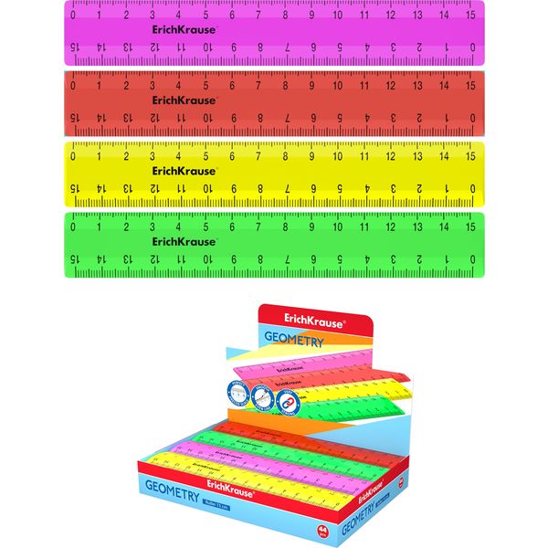 Линейка 15 см, пластиковая, непрозрачная, ассорти 4 цвета, ErichKrause Neon Solid Линейка 15 см, пластиковая, непрозрачная, ассорти 4 цвета, ErichKrause Neon Solid