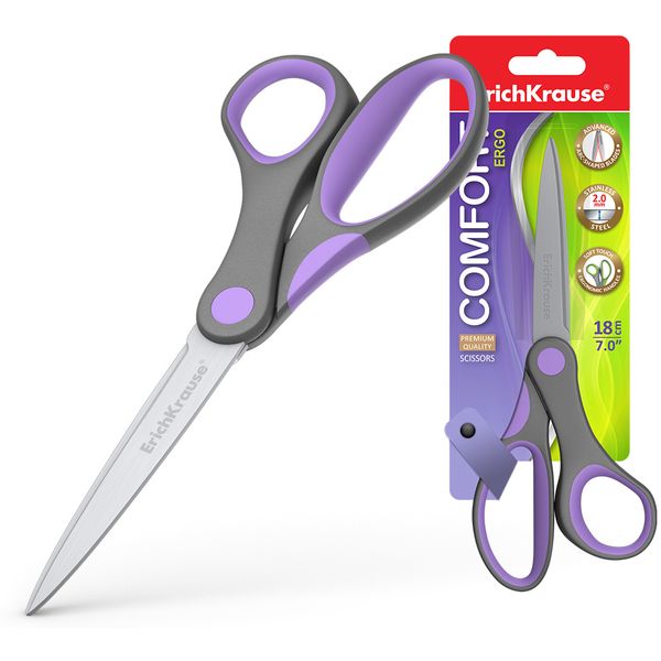 Ножницы 180 мм, эргономичные, прорезин. кольца, серо-фиолетовые, ErichKrause Comfort Ergo