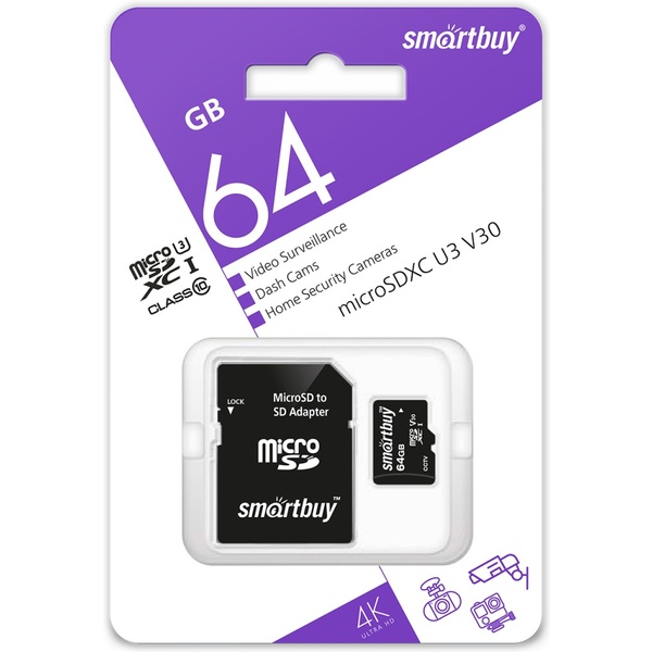 Карта памяти micro SDXC 64 Гб, UHS-1 U1 V 10 (class 10), адаптер, Smartbuy 4K Ultra HD