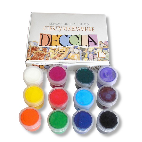 Краски по стеклу и керамике DECOLA, 12 цветов, банка 20 мл