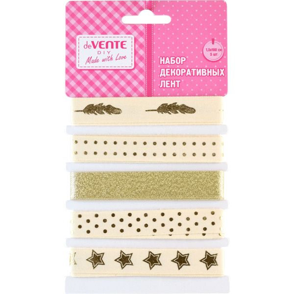 Ленты декоративные с рисунком, 15 мм* 1 м, цв.: натуральный, deVENTE Glitter Gold (5 шт.)