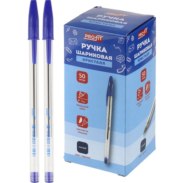 Ручка шариковая синяя, 1.0 мм, метал. н-к, прозр. корп., PROFIT Кристалл
