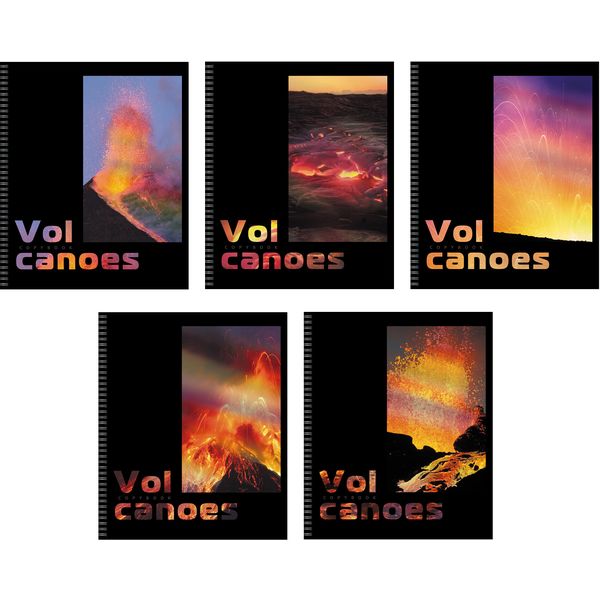 Тетрадь А5, клетка, 96 л., на гребне, 60 г/м², глянц., метализ. печать, Listoff Вулканы_5 дизайнов