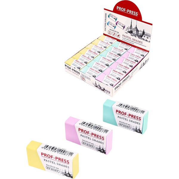 Ластик PROF-PRESS Pastel shades, TPR, прямоугольный, 40*15*15 мм, картон. держатель, 3 дизайна Ластик PROF-PRESS Pastel shades, TPR, прямоугольный, 40*15*15 мм, картон. держатель, 3 дизайна
