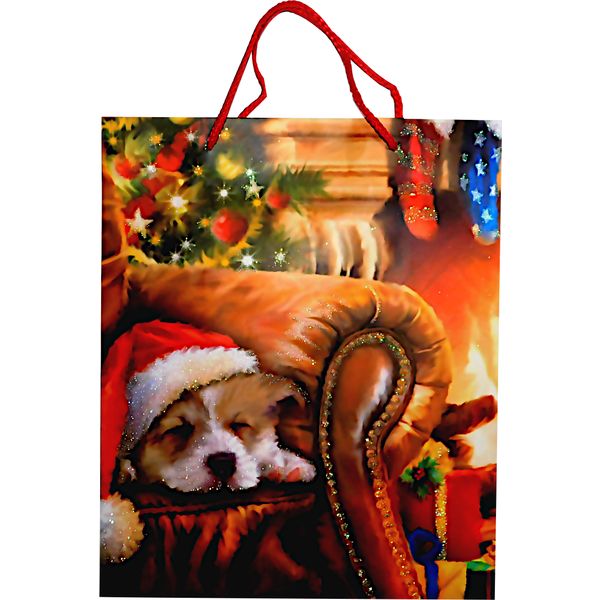 Пакет бумажный 32*26*10 см Рождественский щенок, ассорти