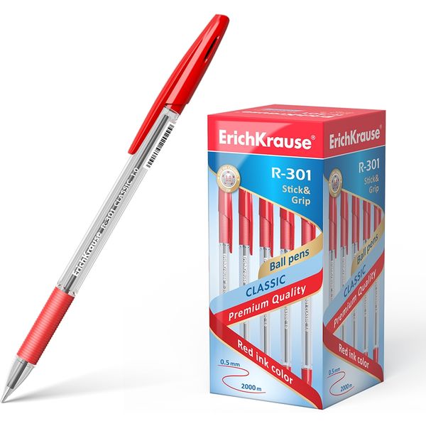 Ручка шариковая красная, 1.0 мм, узел Standard, резин. грип, ErichKrause R-301 Stick&Grip Classic Ручка шариковая красная, 1.0 мм, узел Standard, резин. грип, ErichKrause R-301 Stick&Grip Classic