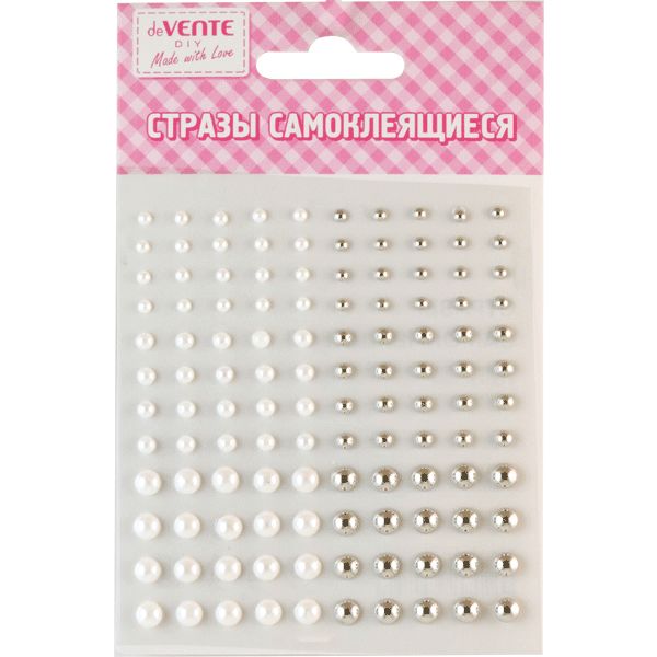 Стразы самоклеящиеся, карточка 95*105 мм (разный р-р), цв.: белый/серебристый, deVENTE Жемчуг