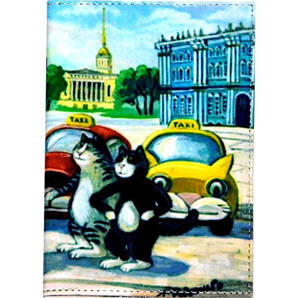 Обложка для автодокументов Grand Кото-такси, нат. кожа, отстрочка, печать принта Акция!