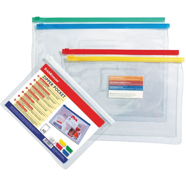 Папка-конверт на zip-молнии, B5, PVC 140 мкм, прозрачная, глянц., ErichKrause PVC Zip Pocket_ассорти