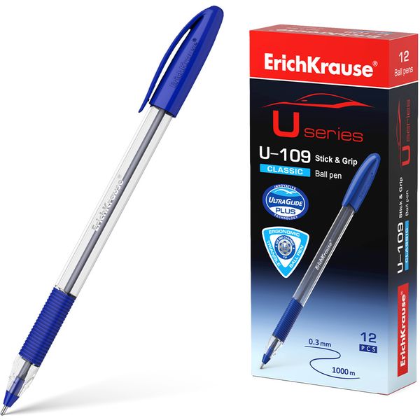 Ручка шариковая синяя, 1.0 мм "игла", эрг. грип, ErichKrause U-109 Stick&Grip Classic Ручка шариковая синяя, 1.0 мм "игла", эрг. грип, ErichKrause U-109 Stick&Grip Classic