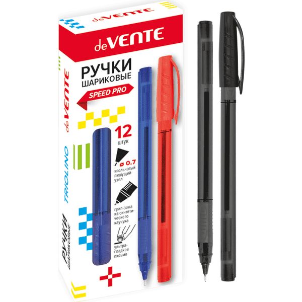 Ручка шариковая черная, 0.7 мм "игла", эрг. грип, тон. корп., deVENTE Speed Pro_Triolino Translucent