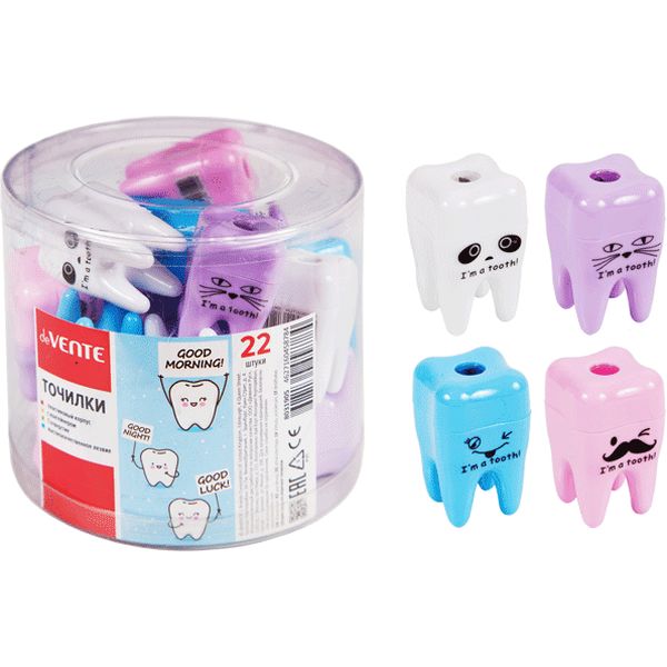 Точилка пластиковая, 1 отв., контейнер, deVENTE Зубик_4 дизайна