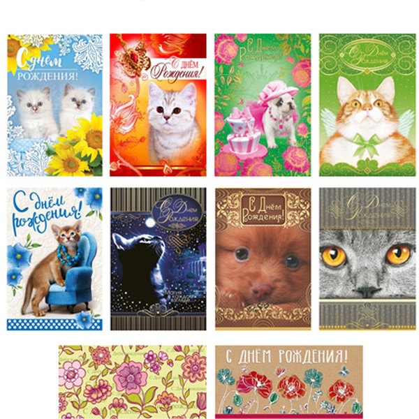 Открытка DL/евро. С днем рождения! АТМОСФЕРА ПРАЗДНИКА (Ассорти: Кошки/Собачки). Текст 