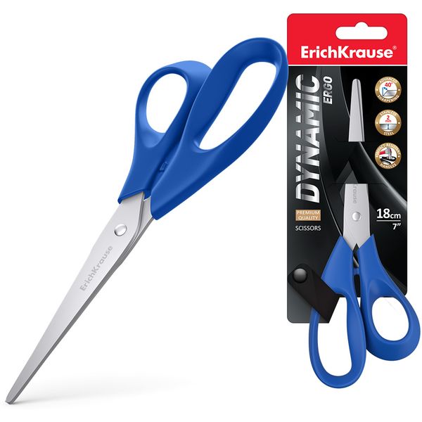 Ножницы 180 мм, эргономичные, пластик. кольца, синие, ErichKrause Dynamic