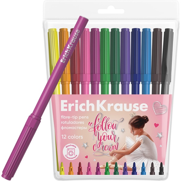 Фломастеры 12 цветов, смыв. чернила в/о, вент. колпачок, круг. корп., ErichKrause Pointes (пвх)