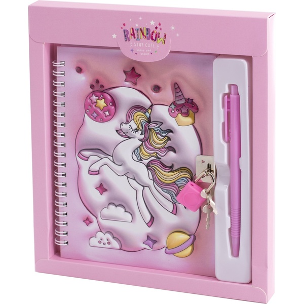 Блокнот с замочком + ручка в подар. упак. (А6, 45 л., клетка, 3D-обл., гребень) Alingar Единорог