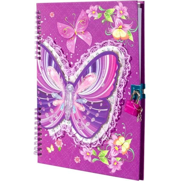 Блокнот с замочком, А5+, 55 л., линия, на гребне, обл. 7БЦ, Alingar Кружевная бабочка_фиолет.
