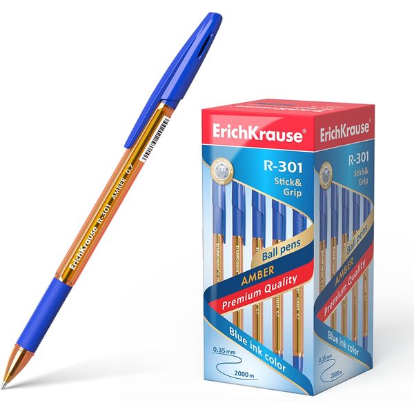 Ручка шариковая синяя, 0.7 мм, узел Standard, резин. грип, ErichKrause R-301 Stick&Grip Amber Ручка шариковая синяя, 0.7 мм, узел Standard, резин. грип, ErichKrause R-301 Stick&Grip Amber