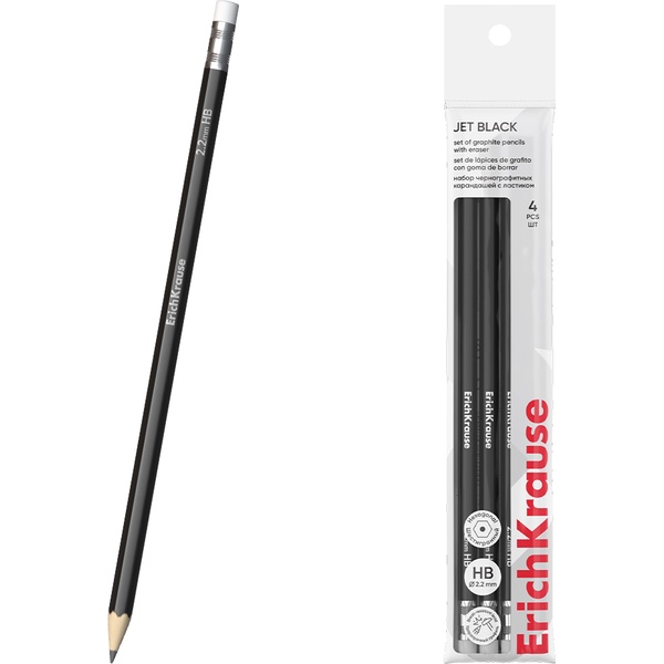 Карандаш чернографитный с ластиком, HB, деревянный, шестигранный, ErichKrause Jet Black (в пакете 4 шт.) 