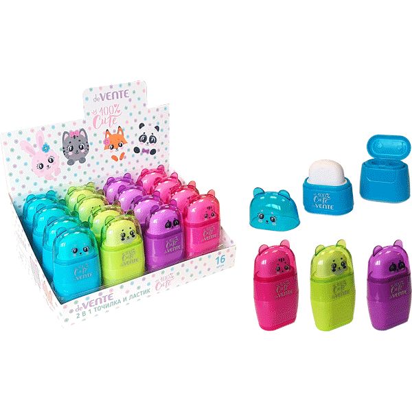 Точилка пластиковая, 2 отв. (Ø8 и Ø11 мм), контейнер, ластик, deVENTE 100% Cute_4 дизайна