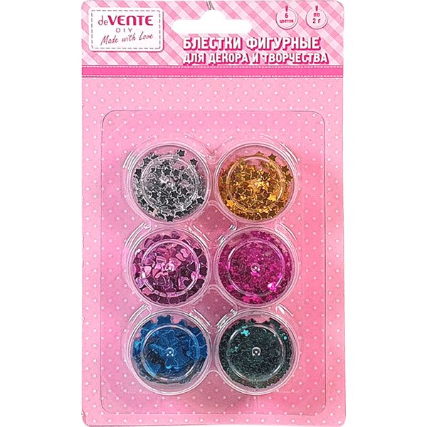 Блестки (глиттер) для декорирования 6 цв. по 2 г, размер блесток 3-4 мм, deVENTE Fashion