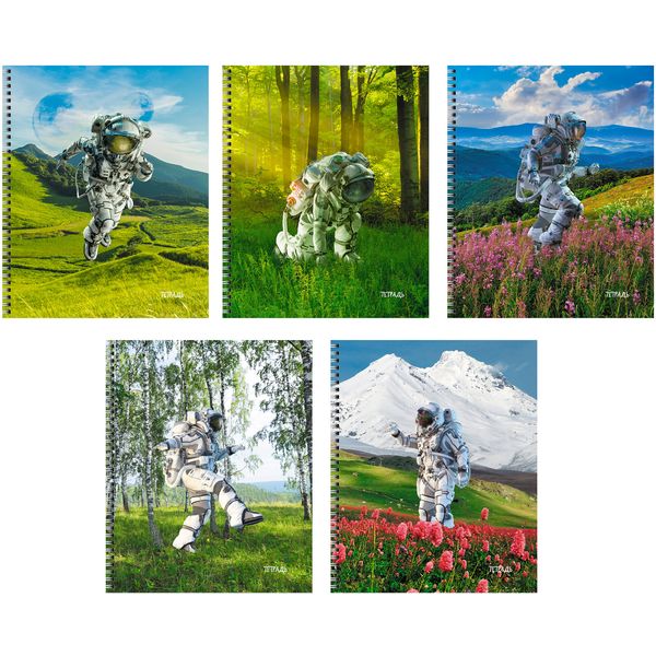 Тетрадь А5, линия, 60 л., на гребне, 60 г/м², глянц. лам., Listoff Приземление_5 дизайнов