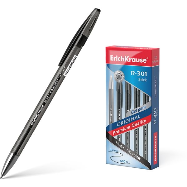 Ручка гелевая черная, лин. 0.4 мм, ДП 600 м, рифл. грип, ErichKrause R-301 Gel Stick Original