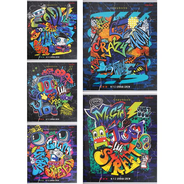 Тетрадь А5, клетка, 48 л., на скобе, 60 г/м², тисн. "лен", с/уг, Prof-Press Клевое граффити-1_5 дизайнов