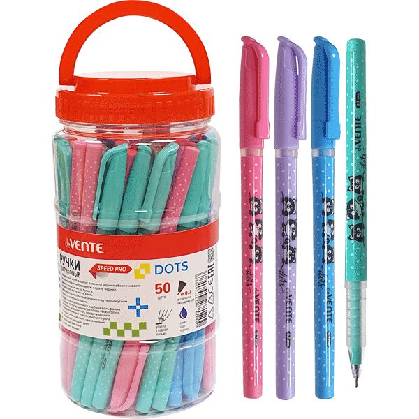 Ручка шариковая синяя, Ø 0.7 мм "игла", рифл. упор, составн. круг. корп., deVENTE Speed Pro_Dots_4 дизайна