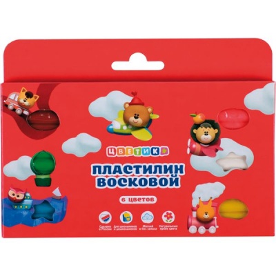 Пластилин восковой ЦВЕТИК: 6 цветов, брусок 15 г, стек (к/к) Акция!