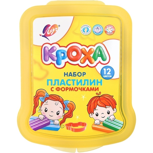 Пластилин классический ЛУЧ Кроха: 12 цветов по 15 г, стек, 6 формочек, п/контейнер