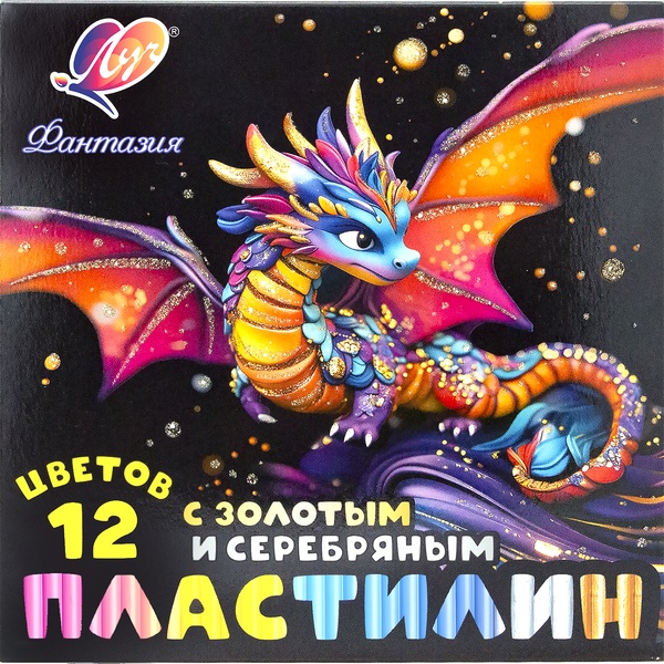 Пластилин восковой ЛУЧ Фантазия: 12 цветов (10 кл.+ зол.+ сер.), брусок 19 г, стек, к/к