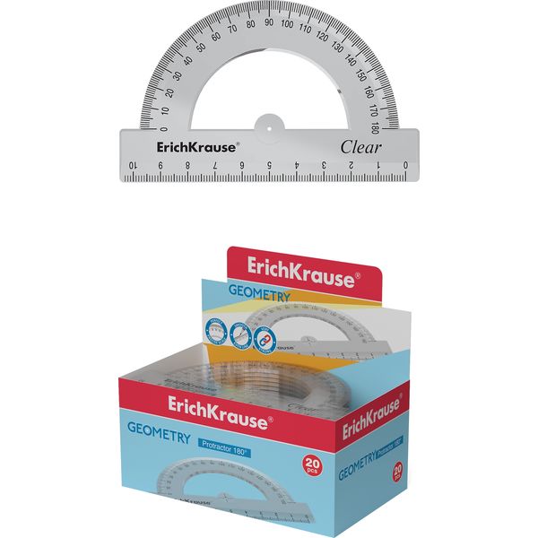 Транспортир 180°/10 см, пластиковый, прозрачный, ErichKrause Clear Транспортир 180°/10 см, пластиковый, прозрачный, ErichKrause Clear