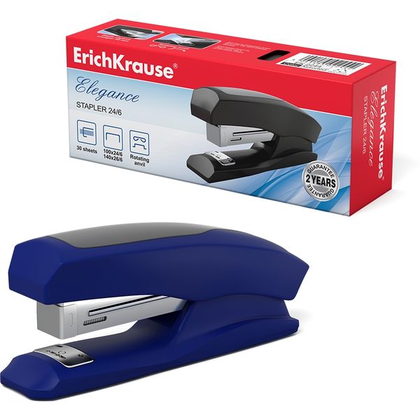 Степлер № 24/6 до 30 л. ErichKrause Elegance Half-strip, 2 типа скрепления, каучук. вставка, 3 цвета Степлер № 24/6 до 30 л. ErichKrause Elegance Half-strip, 2 типа скрепления, каучук. вставка, 3 цвета