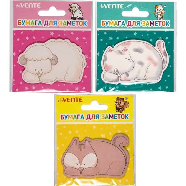 Бумага для заметок с клеевым краем, 71*46 мм, 20 л., 80 г/м², с печатью, deVENTE Lamb, Cat and Fox_3 дизайна