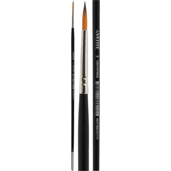 Кисть синтетика, №3, круглая, удл. деревянная ручка, черная, deVENTE Art