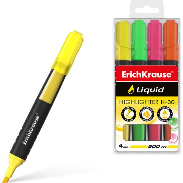 Текстовыделители ErichKrause Liquid H-30, набор 4 цвета, линия 1-3 мм, н-к "клин", плоский корпус Текстовыделители ErichKrause Liquid H-30, набор 4 цвета, линия 1-3 мм, н-к "клин", плоский корпус