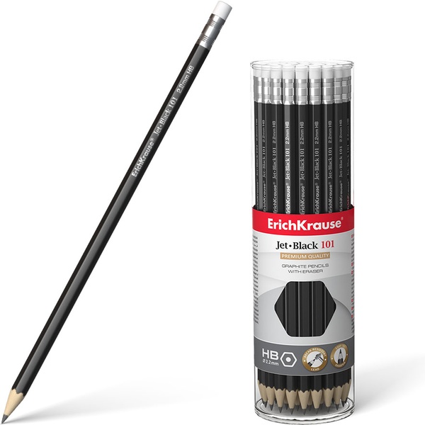 Карандаш чернографитный с ластиком, HB, деревянный, шестигранный, черный, ErichKrause Jet Black