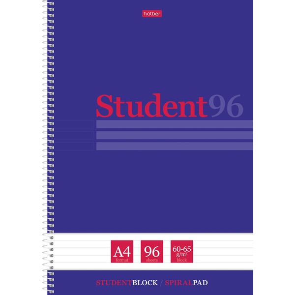 Тетрадь А4, линия, 96 л., на пружине, 60 г/м², мат. лам., тисн., микроперф., Hatber Студенту_Синяя 
